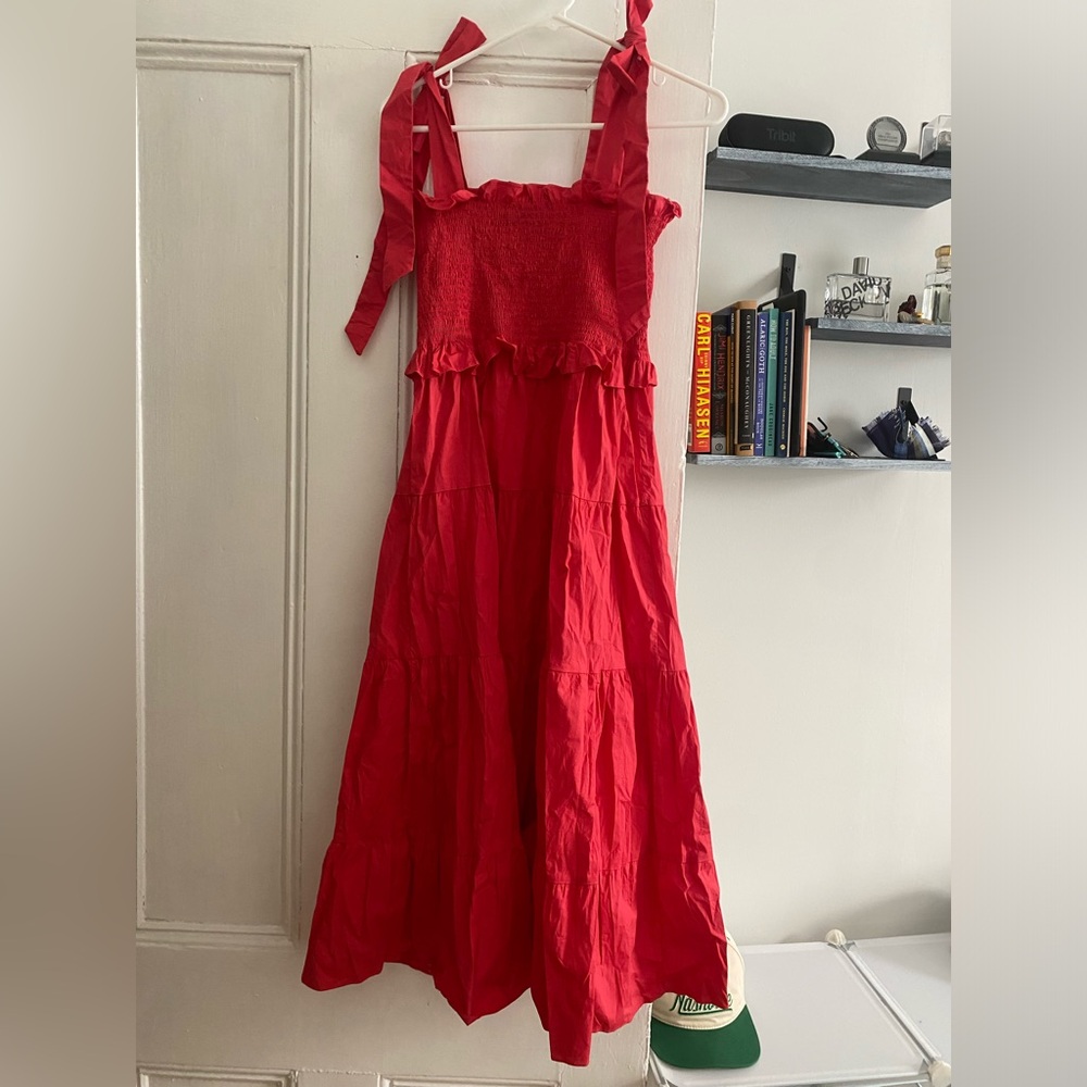 Tuckernuck S Pomander Place Poppy Red Alannah Smocked Tiered Midi Dress Tie
